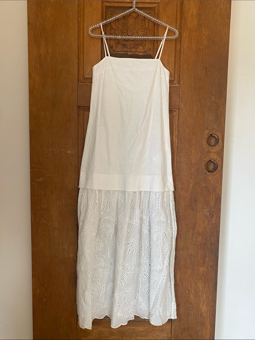 Mon Renn White Eyelet drop waist Dress Spaghetti Straps linen blend XS